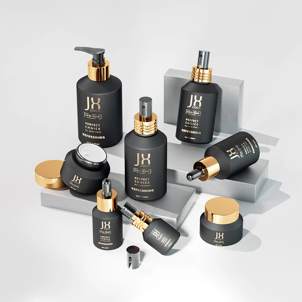 Matte black 15 30 50 g 30ml 100ml 200ml cosmetic cream jar and bottle glass frosted skincare lotion pump bottle packaging
