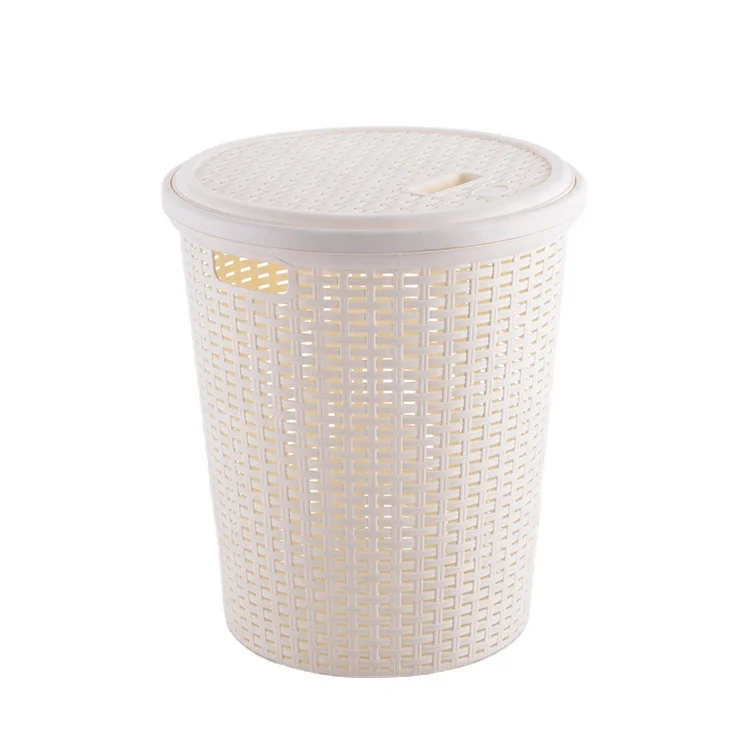Rattan Design Round Shape Plastic Laundry Basket with Lid Dirty Clothes Sorter Plastic Laundry Hamper