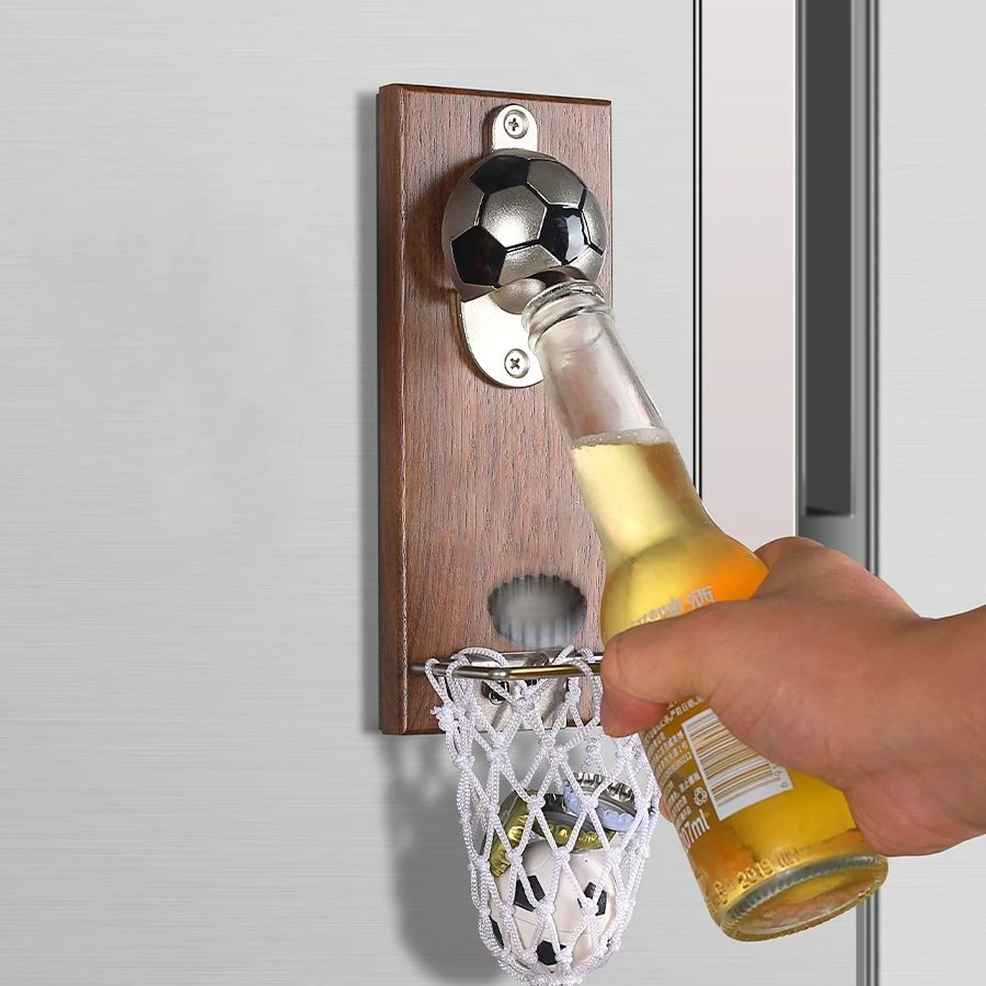 Creative Magnetic football corkscrew Wall Hanging Beer Bottle corkscrew Wall Mounted with Magnetic Catcher Opener Walnut Wood