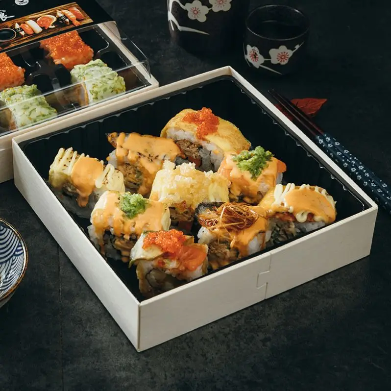 ESTICK Food Boxes Packaging Wooden Box For Sushi Disposable Foldable Takeaway Lunch Sushi Box Wood