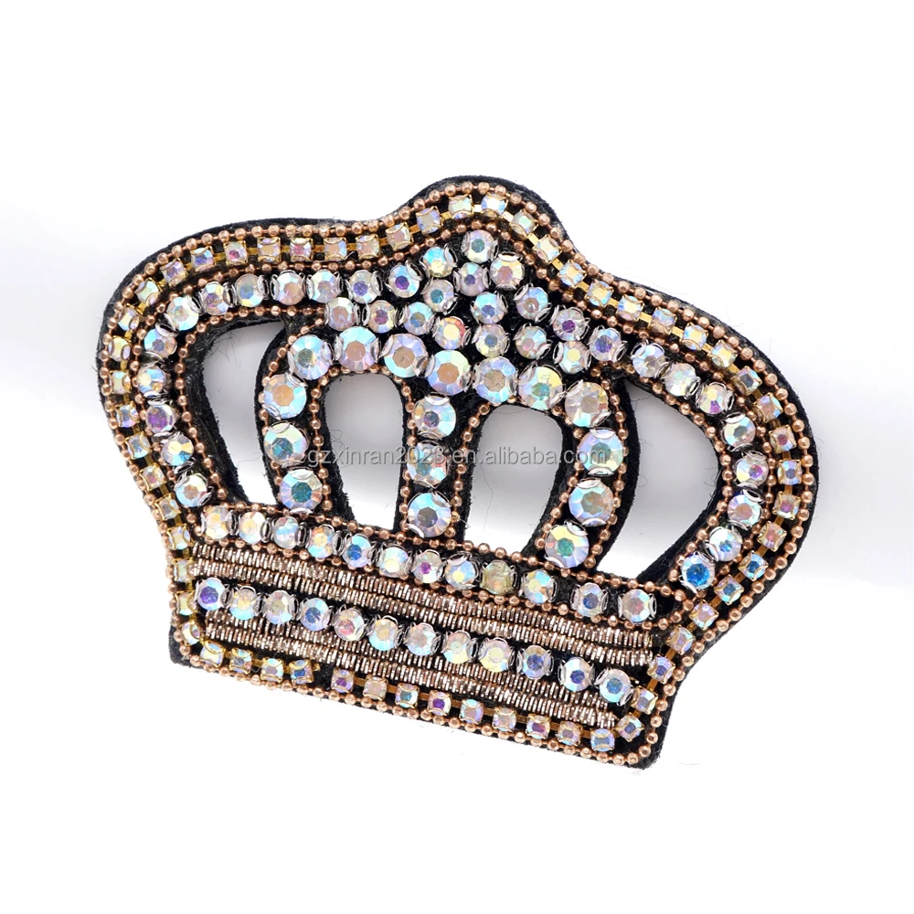 PE025  custom Hot fix rhinestone bead crown motif accessories crystal crown patches for hat