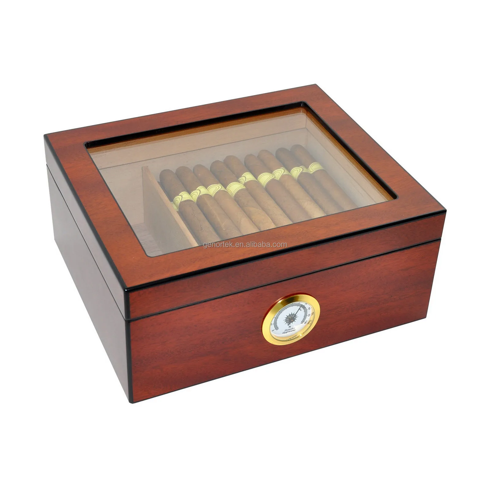 RTS tempered glass top display wooden cigar storage box wood Cigar humidor with separate humidifier and hygrometer