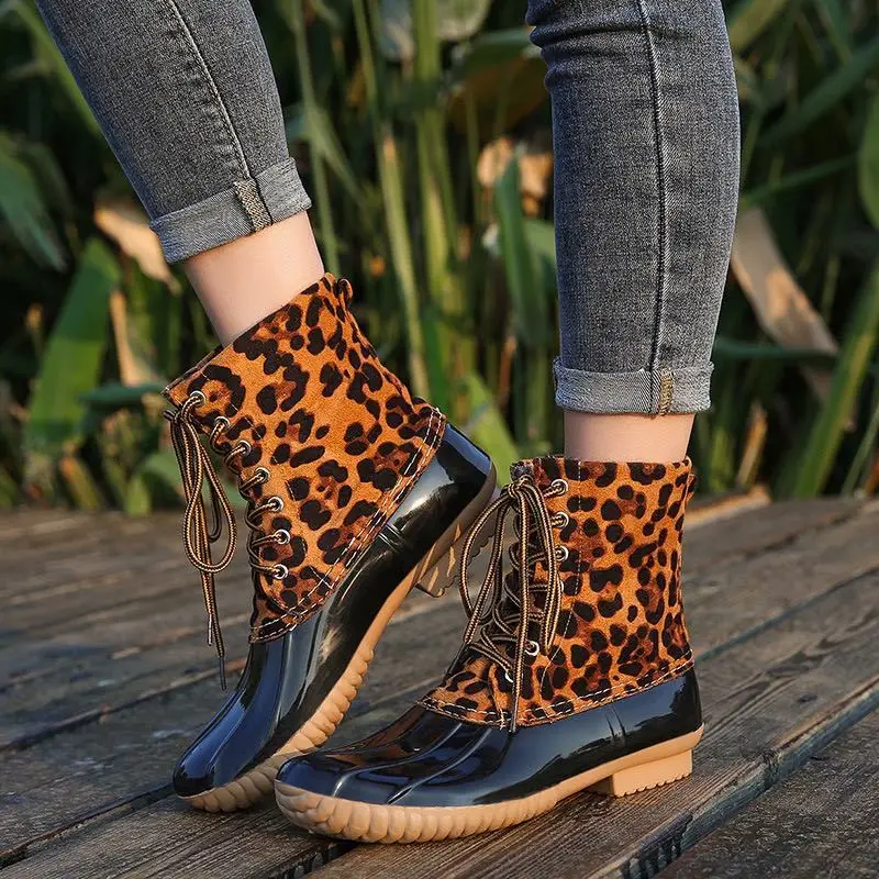 2021 Spring Fashion Women Ankle Boots Lace-up High Heel Leopard Print Waterproof Duck Rain Vintage Women Boots