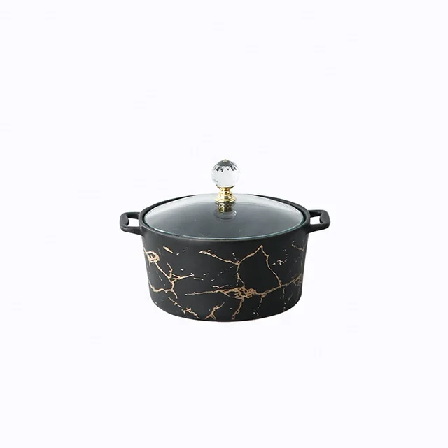 Nordic Style Porcelain Double Ear Soup Pot Household Gold Casserole With Lid Green Ceramic Marble Soup Pot