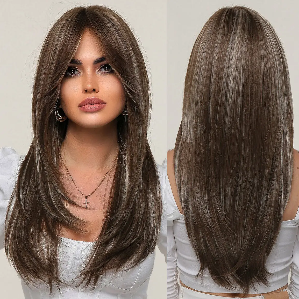 Wholesale Prices Mid-Length Straight Brown Mixed Ash Synthetic Wigs with Long Bangs Natural Layered Wig for Black Women