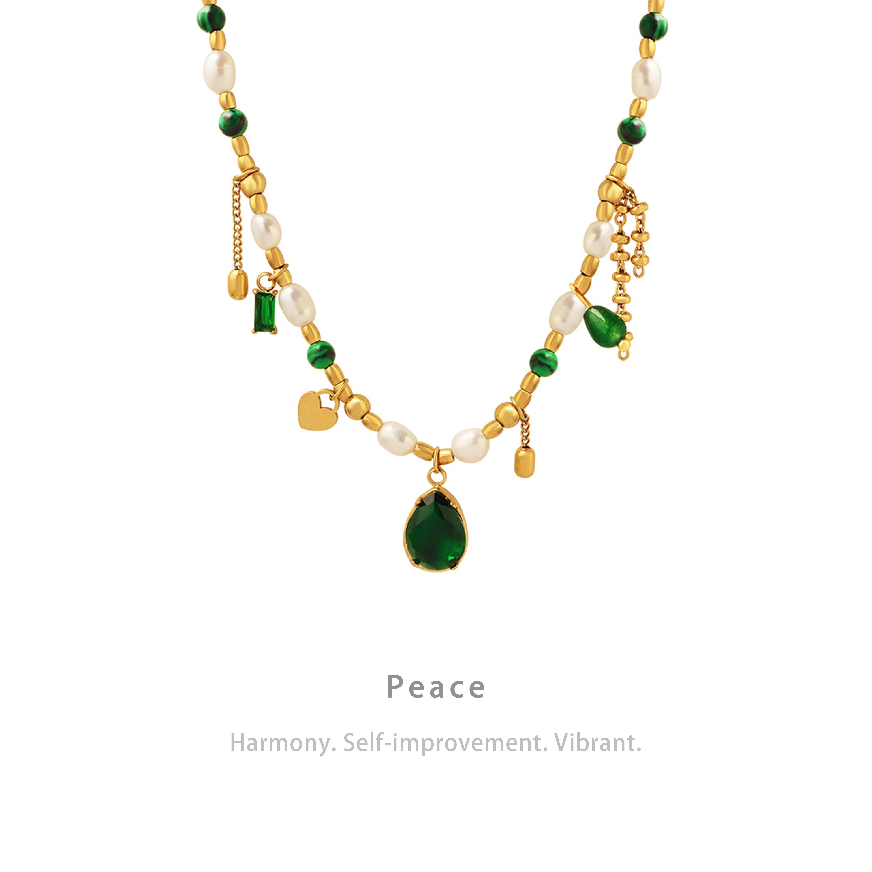 AIZL Peace Energy Jewelry Fresh Water Pearl Green Zircon Malachite Real Gold Plated Stainless Steel  Pearl Choker Necklace