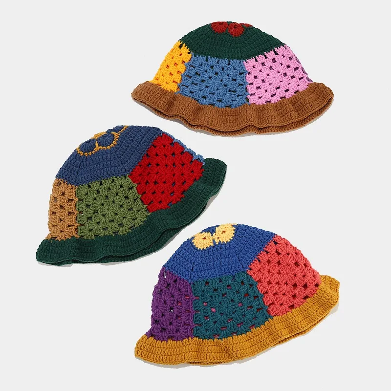 Fisherman Cap Round Brim Soft Summer Foldable Floral Custom Handmade Hollow Flower Floppy Women Wool Knitted Crochet Bucket Hat