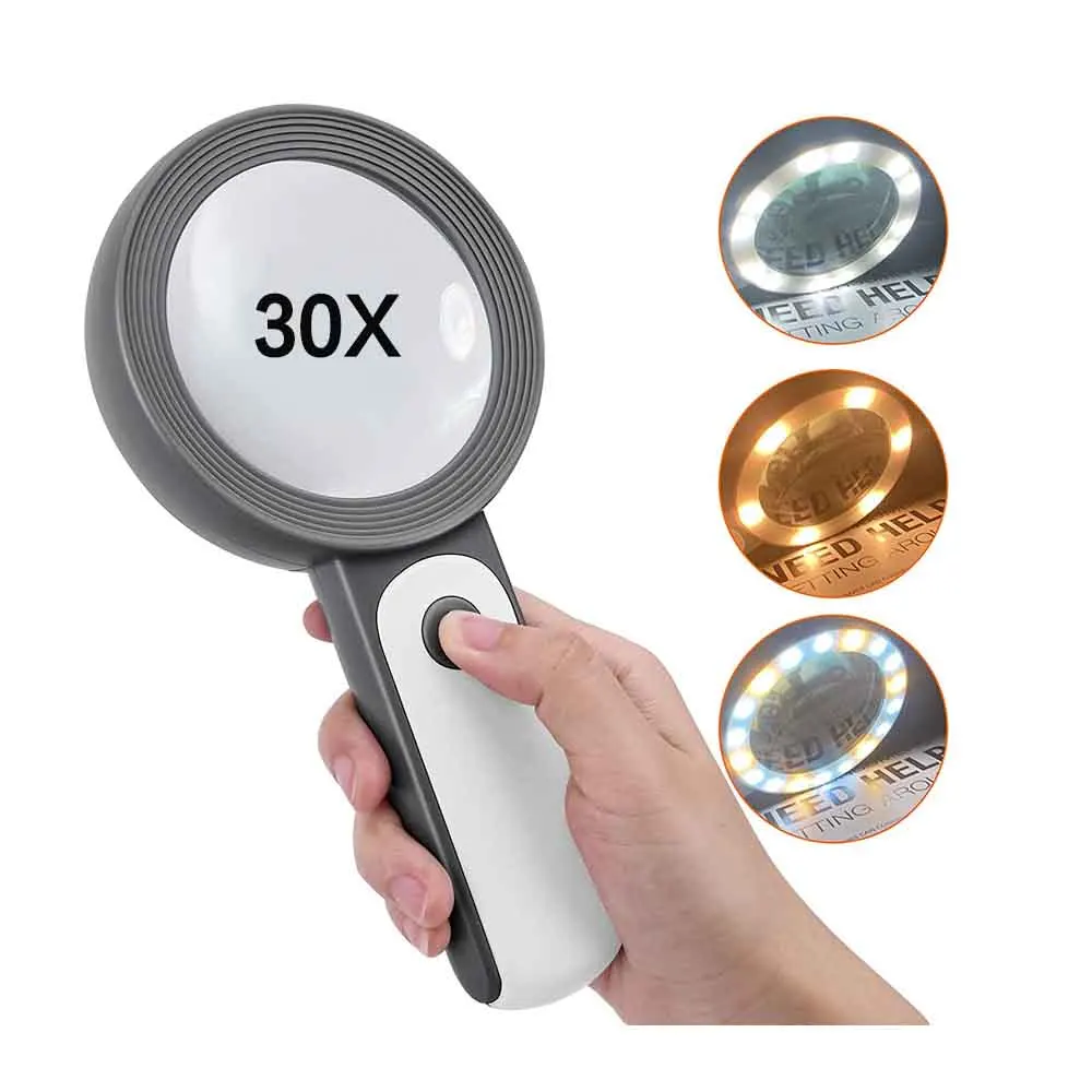 3 Modes 18LED 30X Large Handheld Illuminated Magnifying Glass wiht Light for Seniors Reading Inspection Coins Jewelry
