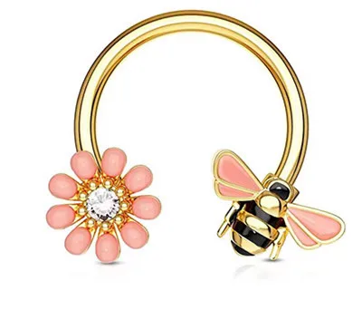 NUORO Cute 316L Stainless Steel Bee Pink Flower Cartilage Earrings CZ Septum Daith Hoop Tragus Helix Nipple Bee Piercing Jewelry