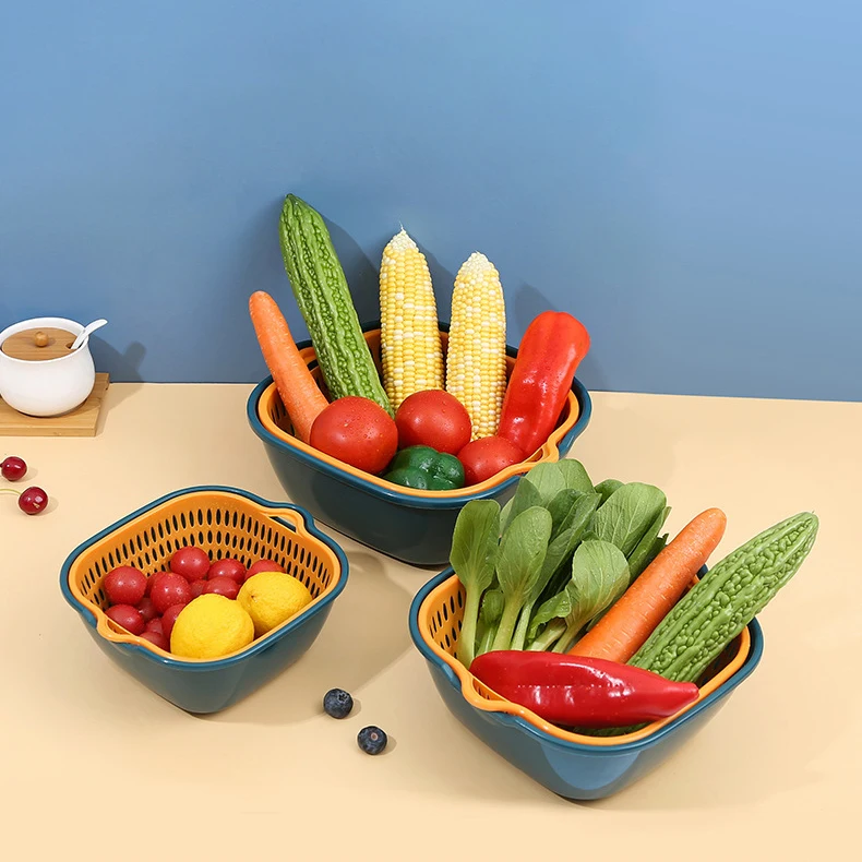 Double Layered Plastic Vegetable Washing Basket Household Fruit Storage Basket Water Filter Tools 6-piece Set