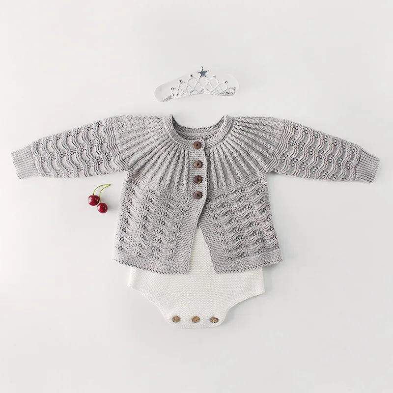 Newborn Baby Outfit Knitted Sweater Cardigans+Bodysuit 2pcs Set Baby Girl Birthday Clothing Set Pink white Gray Available