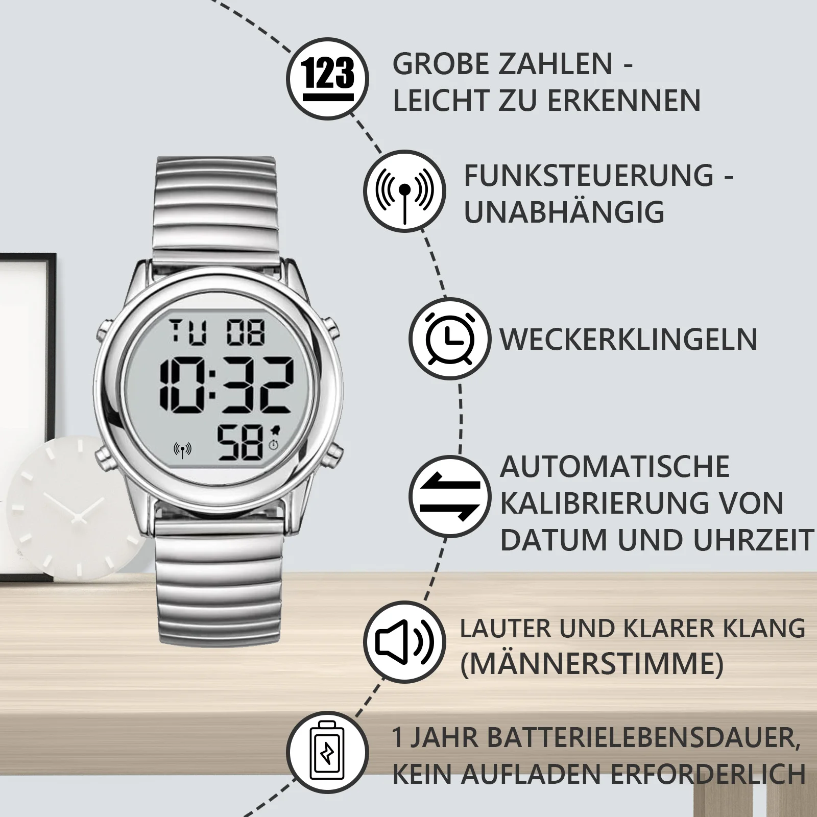 Us UK De Fr Japan Atomic Talking Watch LCD Big Number Talking Watch for The Blind or Elderly