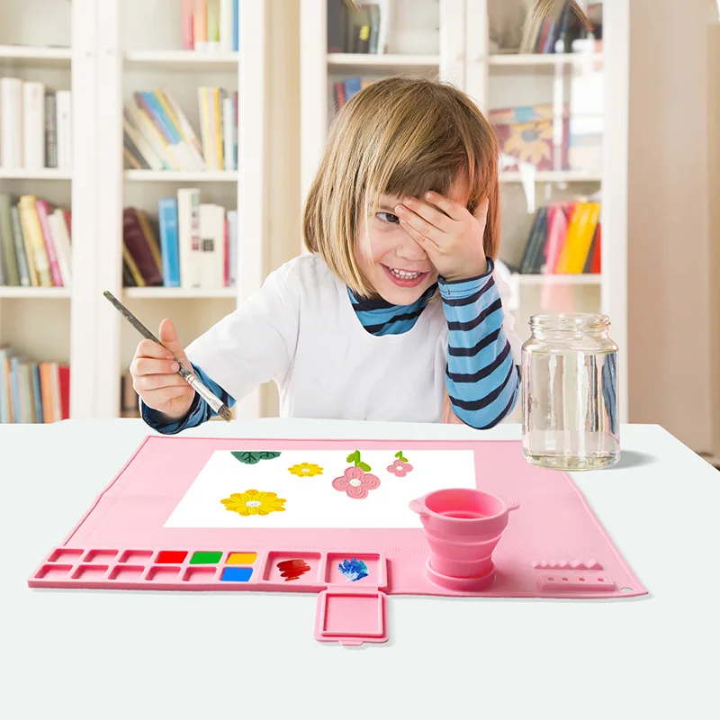 Custom Logo Color Easy Clean Large Craft Kids Educational Drawing Board Silicone Painting Drawing Mat With Folded Cup