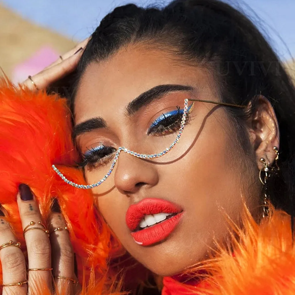 Eyeglasses Frames Crystal Colorful Chain Frame Glasses Luxury No Lens Semi Rimless Diamond Sunglasses