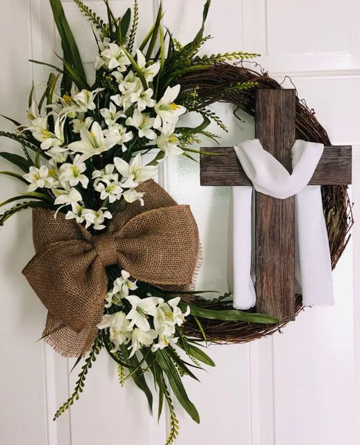 Easter Wreath with Cross Easter Bunny Wreath Door Hanging Decoration