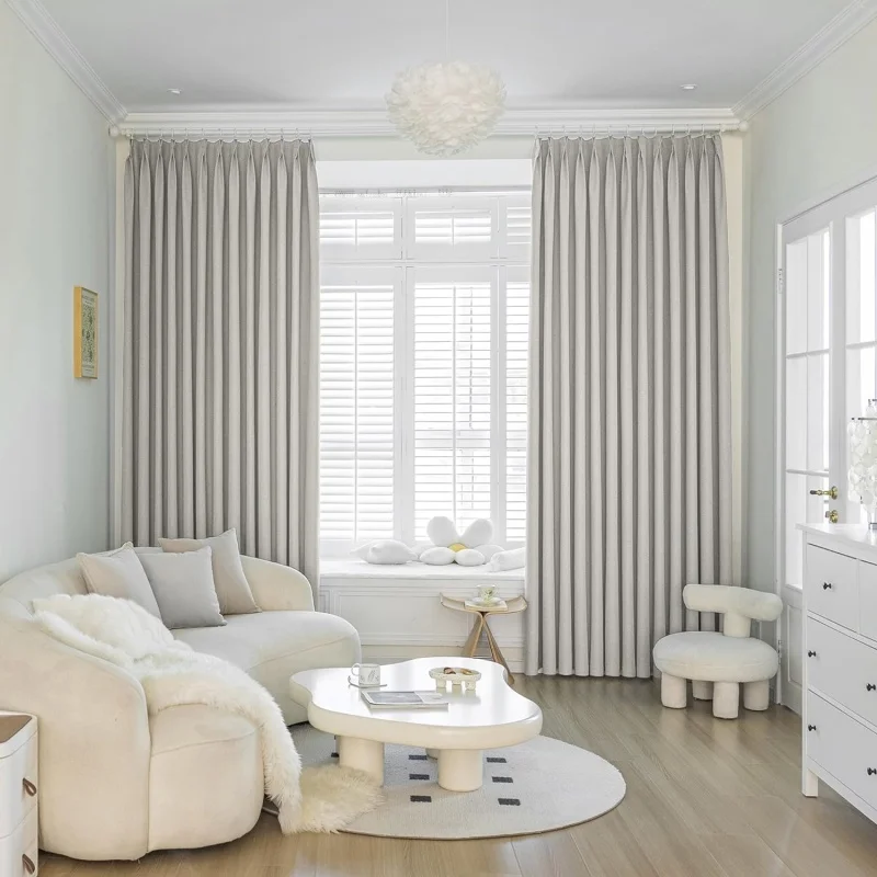 Modern Design Beige Full Blackout Thermal Insulated Linen Textured Pinch Pleat Curtain For Bedroom