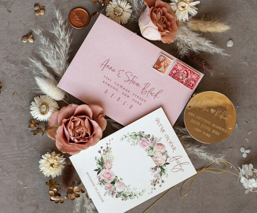 Personalised Gold Acrylic Save the Date Magnet and Card, Gold Blush Pink Wedding Save The Dates Plexi Magnets invitation cards