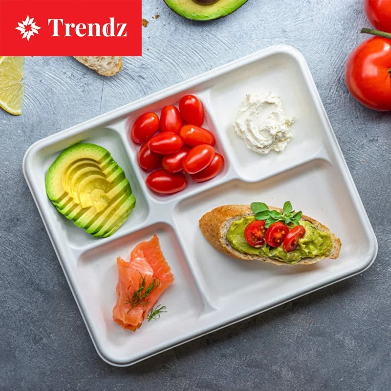 100% Compostable 5 Compartment Plates Eco-Friendly Disposable Bagasse School Lunch Tray