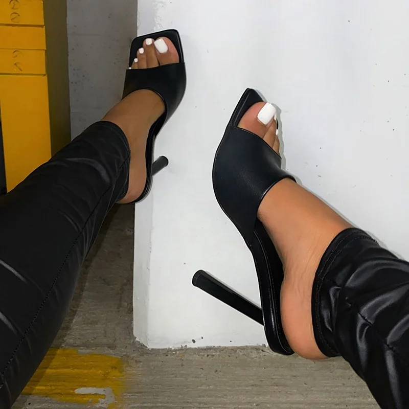 Wholesale China Dress Shoes 2022 Sexy Lady Stiletto Black White PU High Heel Sandals Shoes Pumps Square Open Toe Slides Slippers