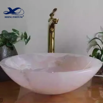 Modern Design Oval Irregular Shape Bathroom Freestanding Pink Onyx Marble Wash Sink Basin