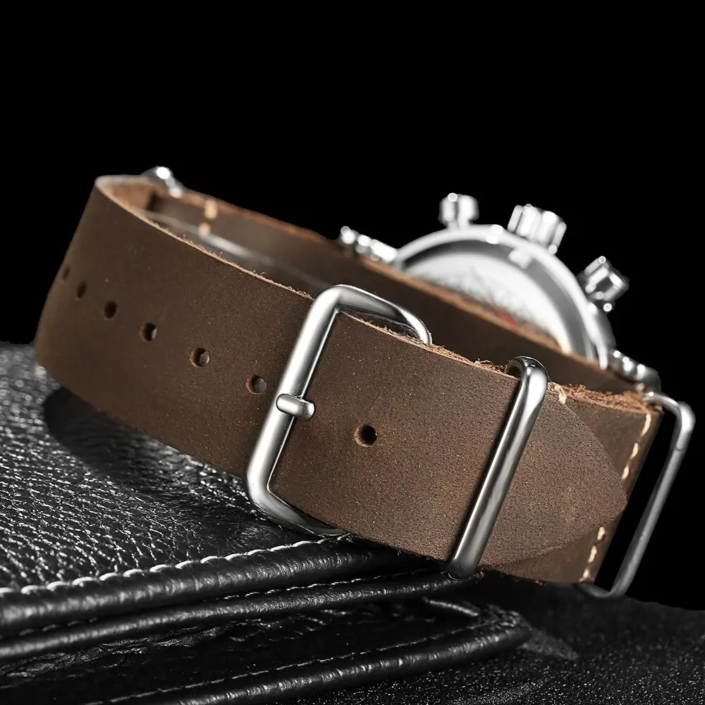 OCHSTIN GQ081A 2024 Pilot Mens Watches Luxury Cowhide Leather Luminous Quartz Man Retro Wrist Watch Vintage Chronograph Clock