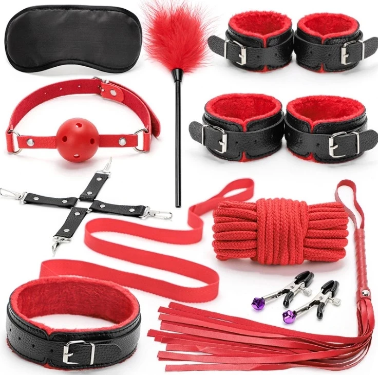 Adult bondage suit sexy slave leather bed SM fetish bondage kit black red 10 feather rod handcuffs bondage