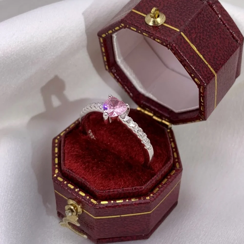 Серебряное 925 высокое качество ювелирные изделия сверкающие кольца 5A розовый циркон цирконий бриллиант маленькое сердце в форме хвоста кольцо для женщин