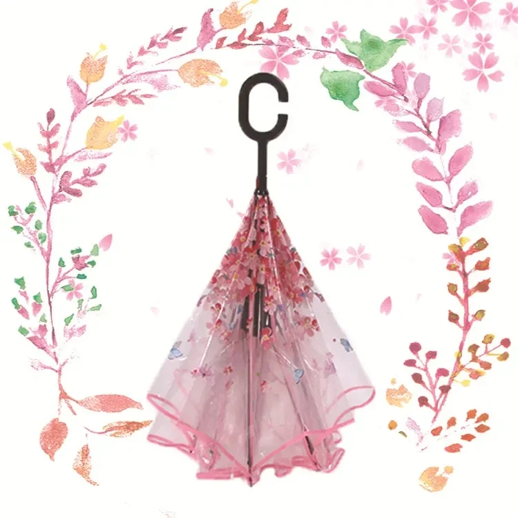 Z73  C Type Transparent  Umbrella Reverse Double-layer cherry Umbrella Creative hands-free Folding Umbrella