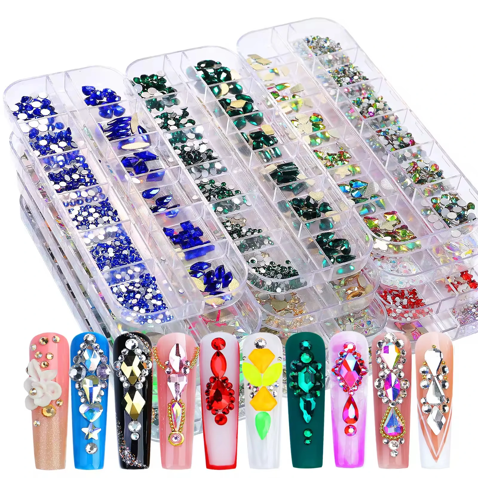 B9 Wholesale 12 Grid Flatback nail rhinestone Multicolor Various shaped Nail Art Rhinestones for DIY press on tips