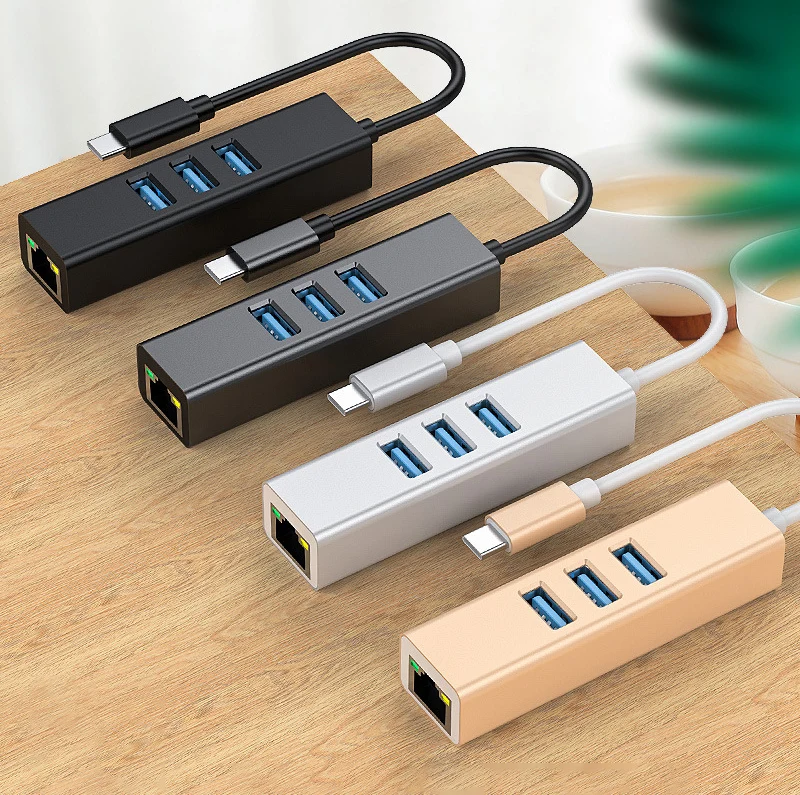 Type c to USB 3.0 HUB with Ethernet 4 in 1  adapter USB C TO RJ45 LAN port megabit 10/100Mbps hub with 3 USB 3.0 port