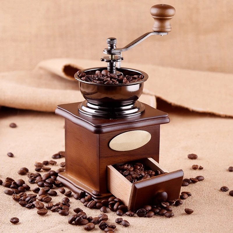 Hot SaleManual Coffee Grinder Wood Vintage Antique Hand Crank Coffee Mill Retro Style Coffee Grinder  Portable Espresso Grinder