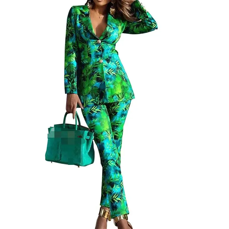autumn spring print elegant ladies blazer female suits pant jacket casual fashion suit women two piece suit sets female