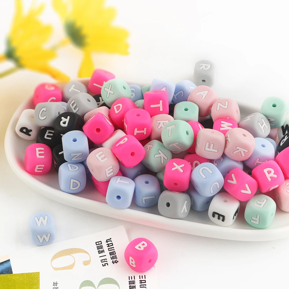 12mm Square Cube Shape Alphabet letter Soft Chew Bead Baby Silicone Teething Beads For Pen Keychain Necklace Jewelry Making