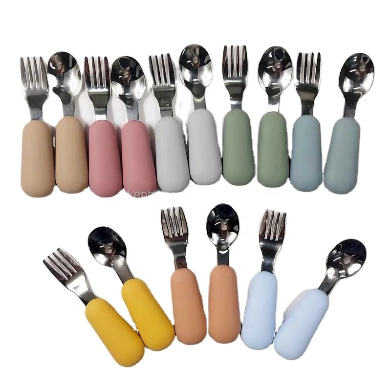 2024 New Arrival Children Tableware Sets Cutlery Set Kids Dining Silicone Stainless Steel Cutlery Spoon Fork Set