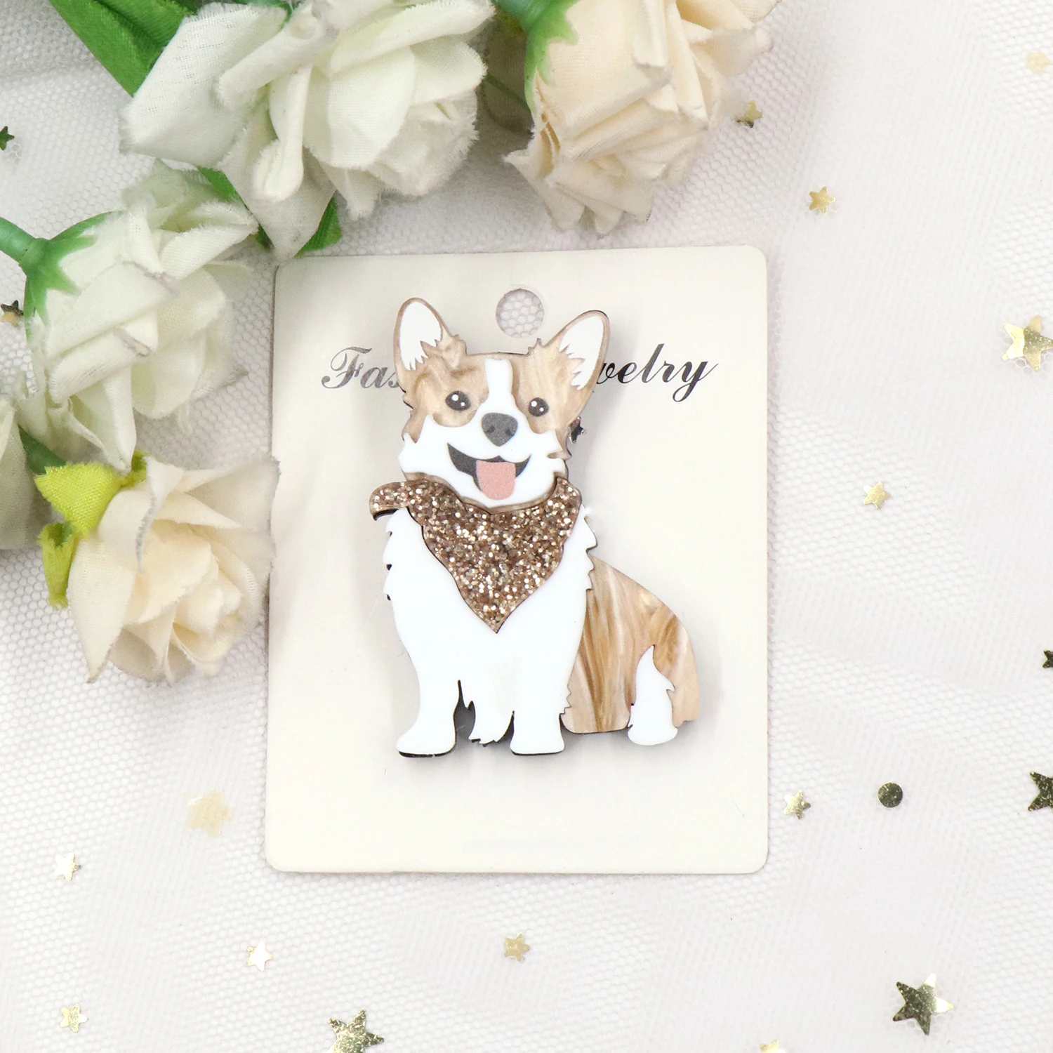 MD155BH1073 New Arrival Corgi Dog Brooch with Safety Pin Cute Laser Cut Acrylic Handmade Jewelry for Wedding Gift Accessories