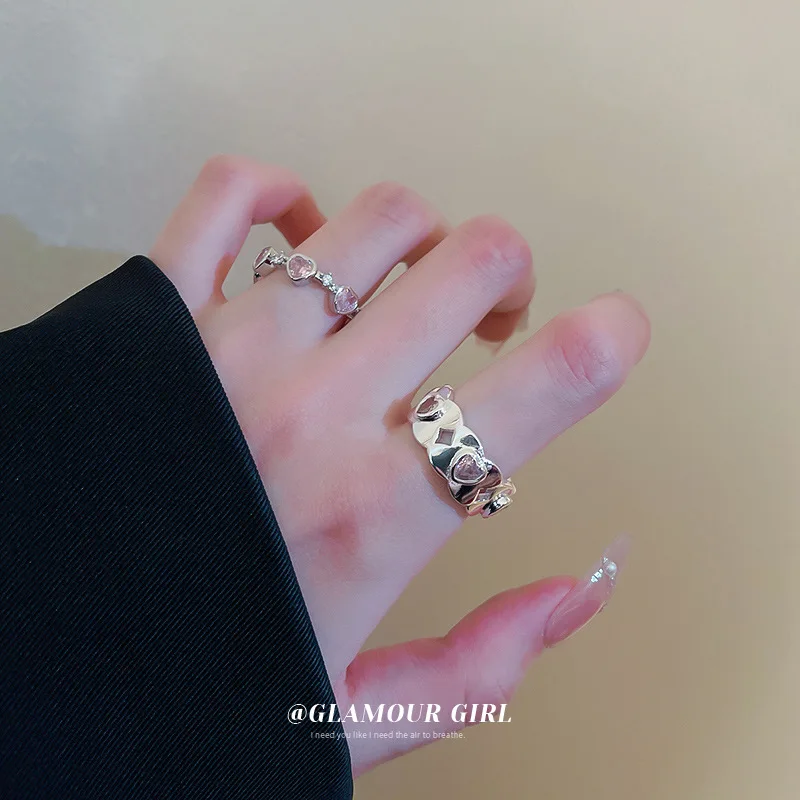 South Korea Zircon Heart-Shaped Open Ring Sweet Personality Design Light Luxury Index Finger Simple All-Matching Graceful