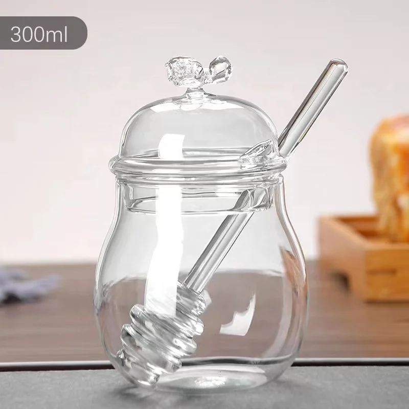 Factory Wholesale High Borosilicate Glass Honey Jar set with Lid and Stirring Rod New Style Glass Jar with Streak Custom Package