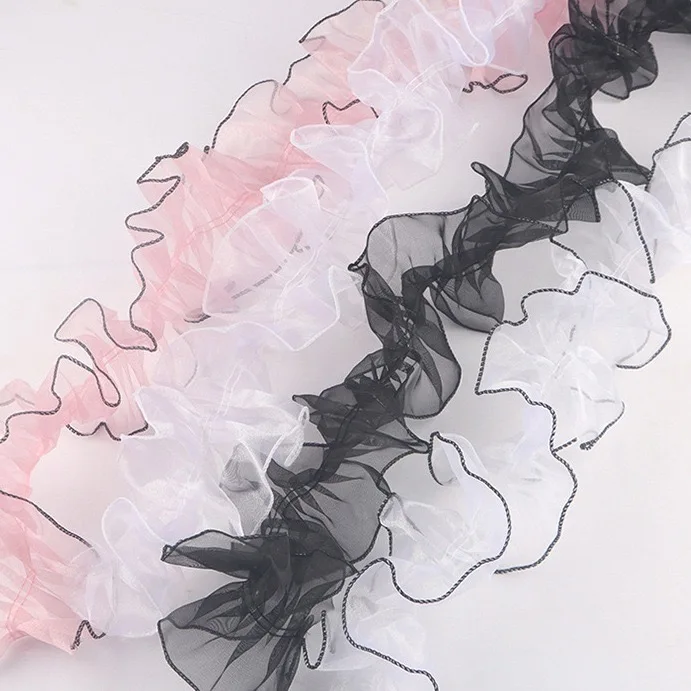 Luxury Fishtail Yarn Pearl Lace Trim Sari Silk Bow Gift Organza Ribbon Fishtail sheer Wave Organza Ribbon