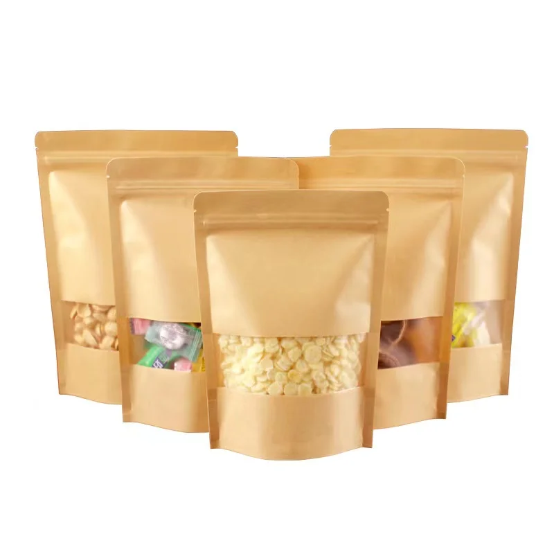 Stand Up Kraft Paper Bag With Clear Window And Zipper For Food Flour Nut Rice Tea Spices Customizable Manufacturer