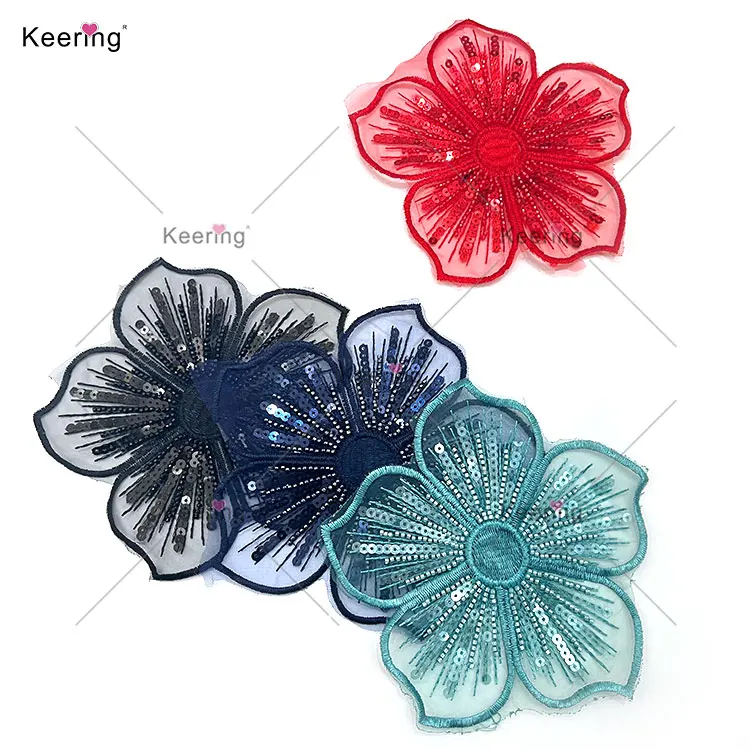 WTP-1534 Keering New Arrive Good Price Fabric Flowers Lace Sequins Beaded Embroidered Flower Trimmings For Dresses