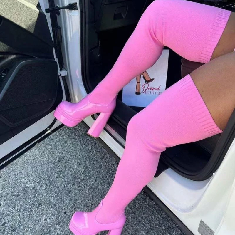 Women Long Boots Stretch Knitting Sock Shoes Over The Knee Boots High Heels Platform Female High Boots