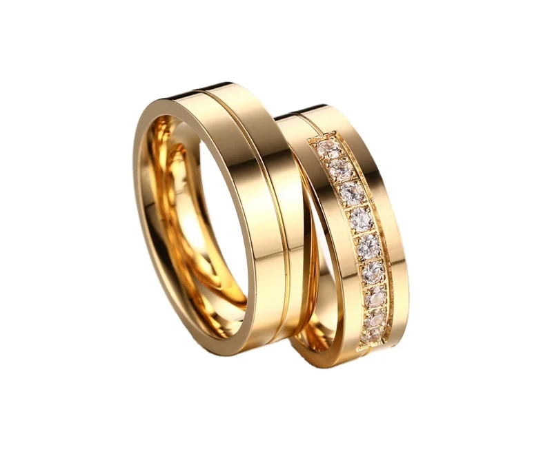 Simple Titanium Steel Wedding Silver Couple Gold Plated Engagement Diamond For Lovers Ring