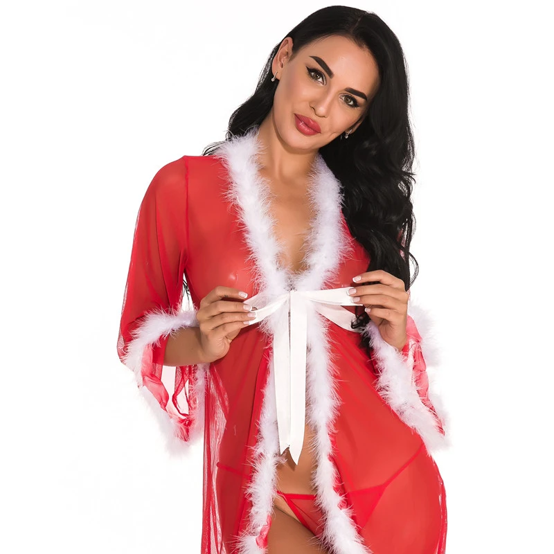Christmas New Style Transparent Mesh Nightdress Fur Trim Luxury Lady Red Sexy Lingerie