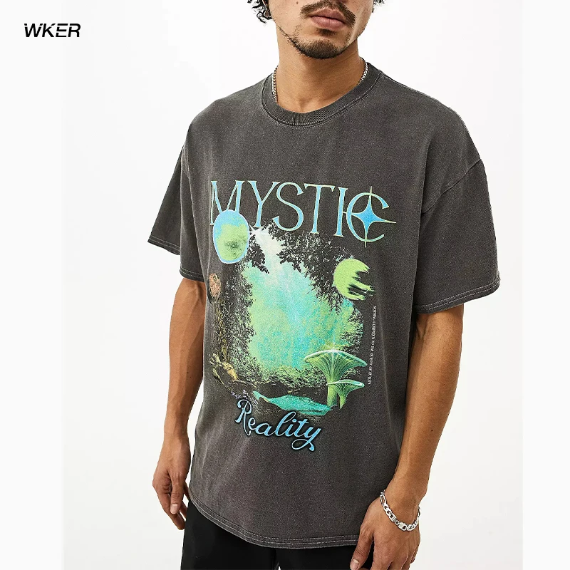 WKER dark gray washed large area digital printing multiple colors personalized custom oversized tee