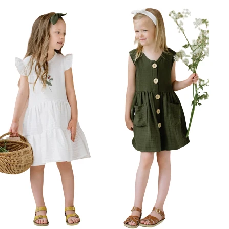 Custom brand muslin cotton baby toddler dresses for girls summer white color girl dress with floral embroidery