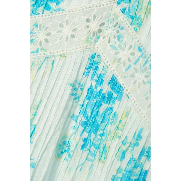 Elegant V-neck tiered silhouette floral bouquets vintage lace-trimmed floral-print cotton midi women dress