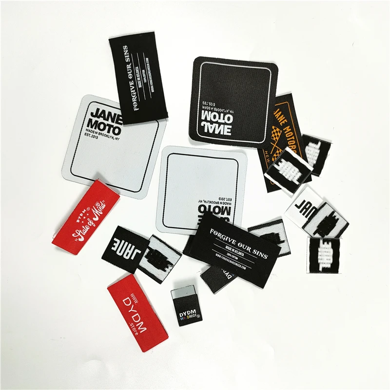 Spain wholesale nice quality blue polyester Letter Name customize designer labels for clothing Center Fold woven garment label