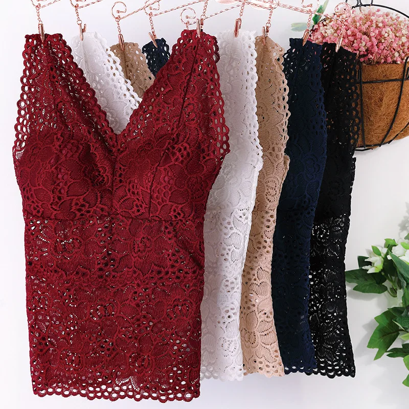 New In Tank Top V-neck Skeleton With Pads Spaghetti Straps All-match Sexy Lace Long Bra Crochet Vest Inside Wear