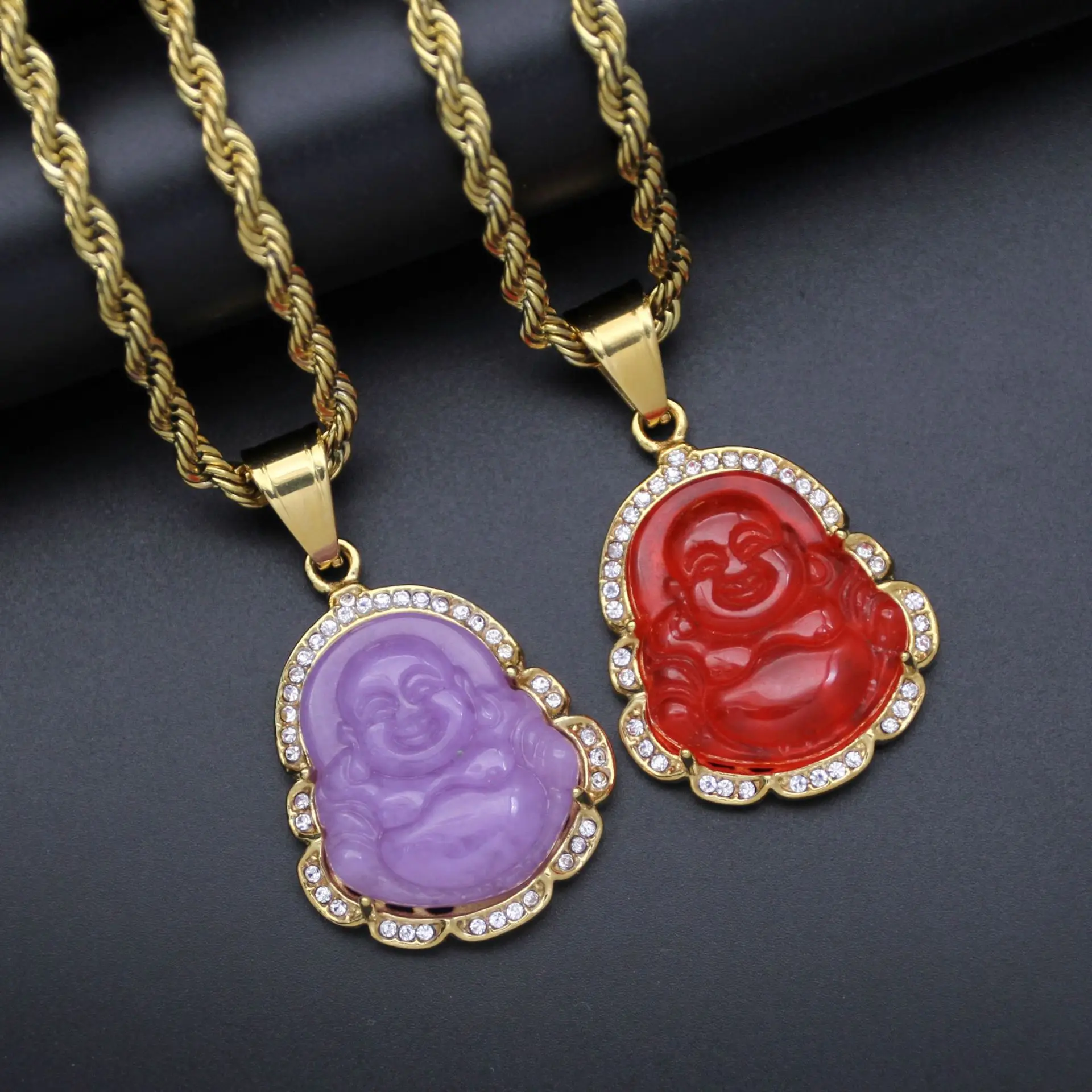 Stainless Steel Crystal Edge Buddha Charm Necklace Multi Color Natural Jade Religious Maitreya Jade Pendant Buddha Necklace