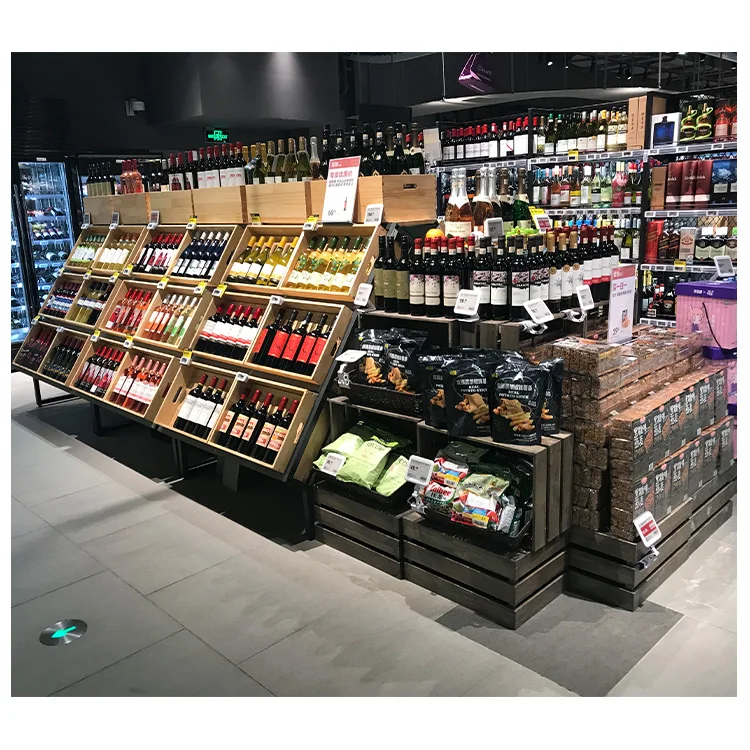 2022 new design supermarket wine bottle wood display rack for store supermarket use
